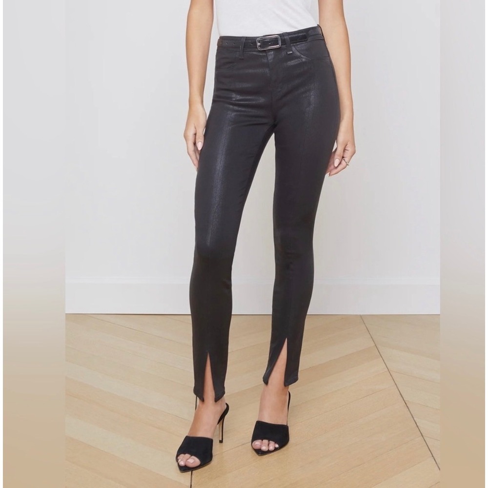L'AGENCE Jyothi Noir Coated High Rise Skinny Jeans Front Seam Split Hem S28